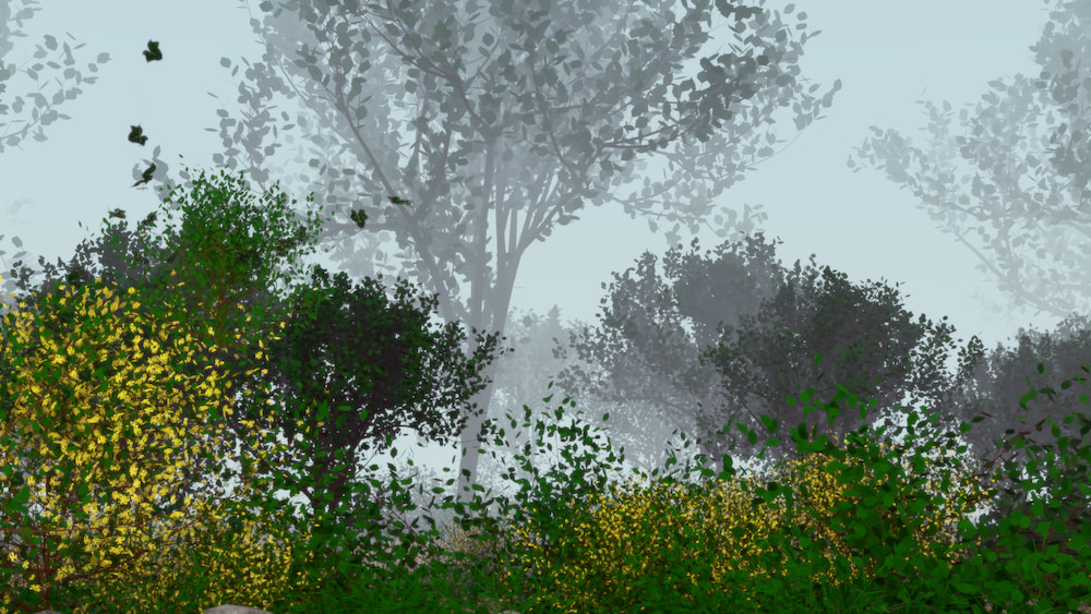 Laubwald mit gelb blühenden Sträuchern