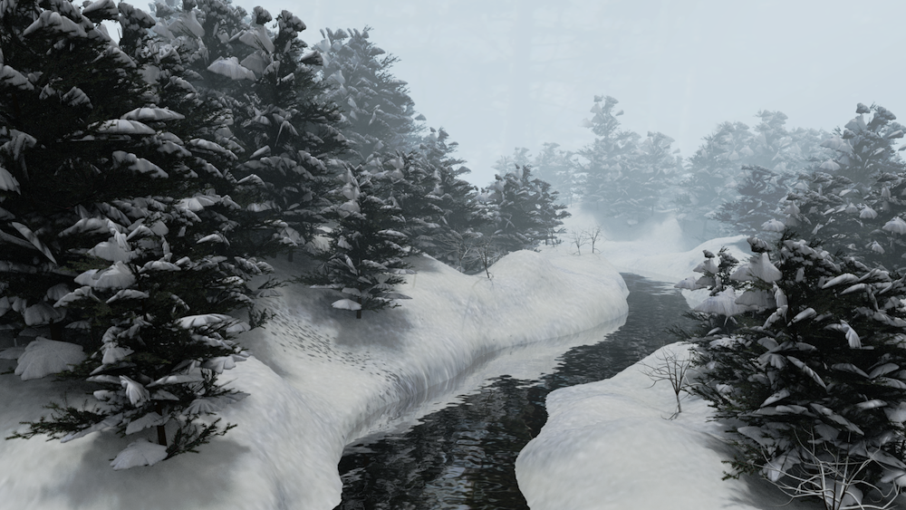 Winterfluss 3D mit verschneiten Ufern